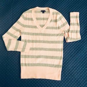 Pale pink and grey striped Tommy v-neck sweater